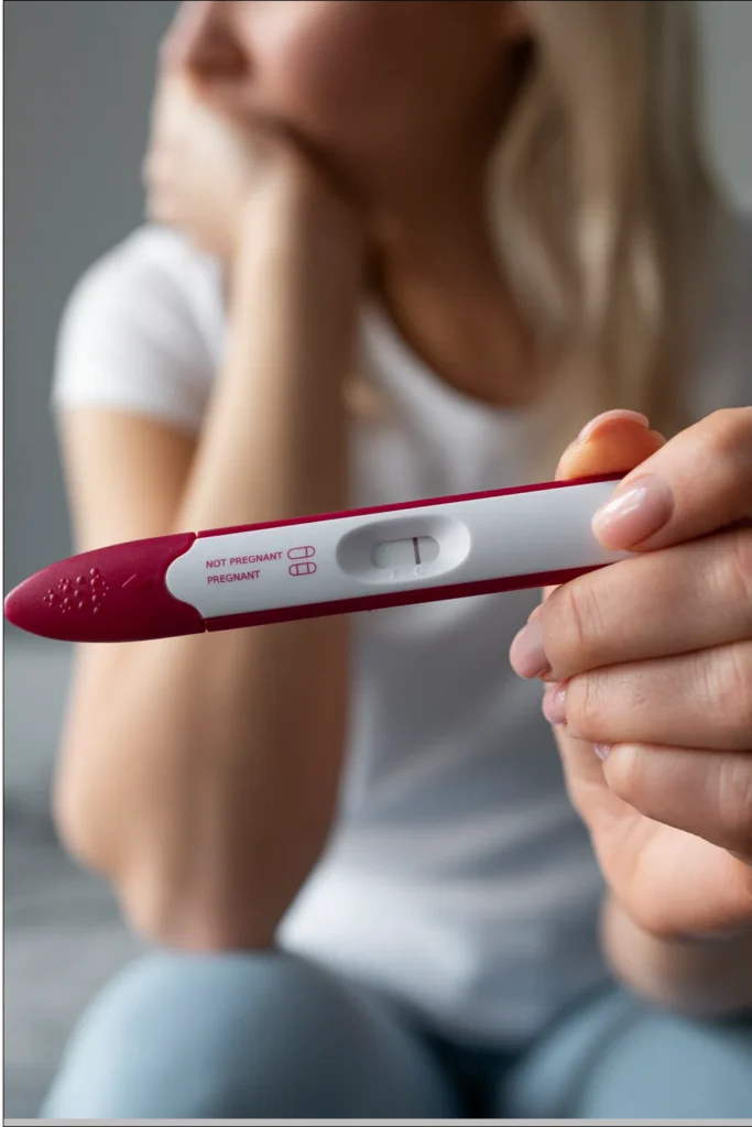 Kobieta w zaawansowanej ciąży, która uczęszcza do szkoła rodzenia siedzi na kanapie z negatywnym testem ciążowym w rękach.