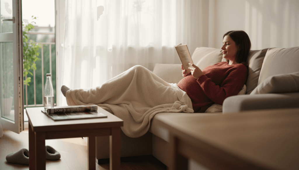 Przyszła mama relaksuje się wygodnie na kanapie.