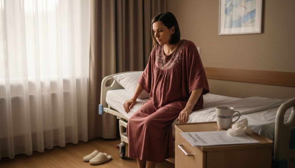 Kobieta podnosząca się z łóżka szpitalnego po cesarskim cięciu