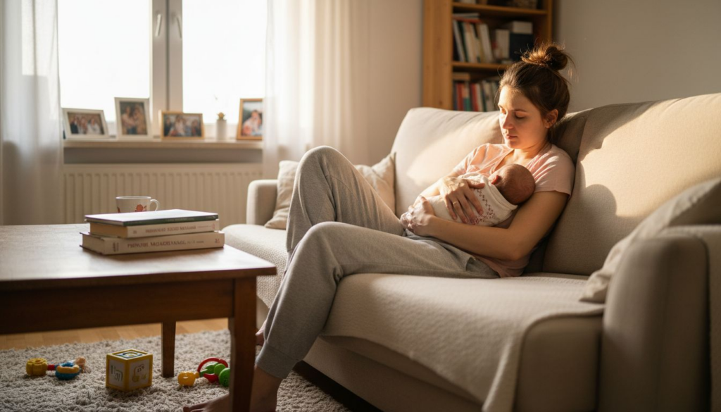 Mama odpoczywa w domu po narodzinach dziecka.