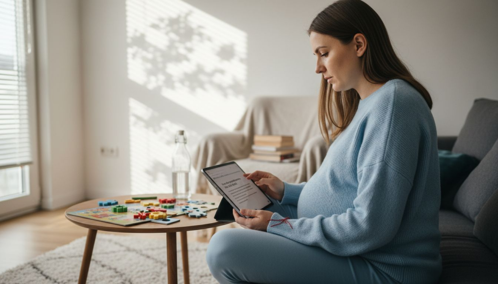 Przyszła mama siedzi wygodnie w swoim salonie i uczestniczy w zajęciach online.