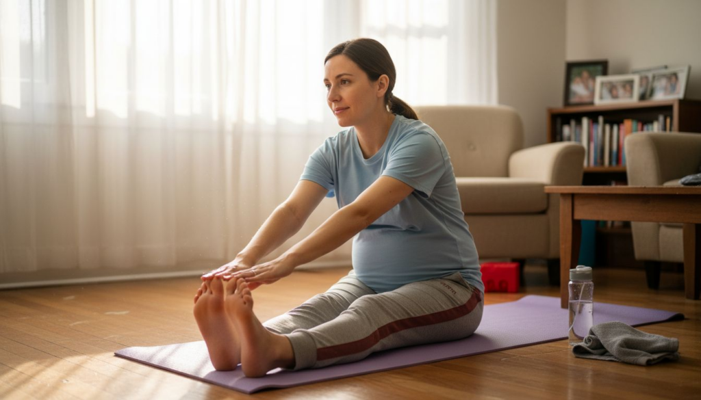 Kobieta w ciąży rozciąga się na macie do ćwiczeń, dbając o swoje zdrowie i dobre samopoczucie.