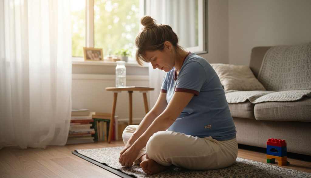 Kobieta w ciąży wykonuje ćwiczenia rozciągające w swoim salonie.