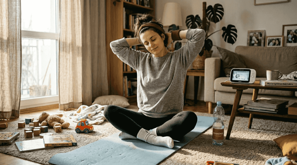 Młoda mama znajduje chwilę dla siebie i wykonuje ćwiczenia na macie w swoim salonie.