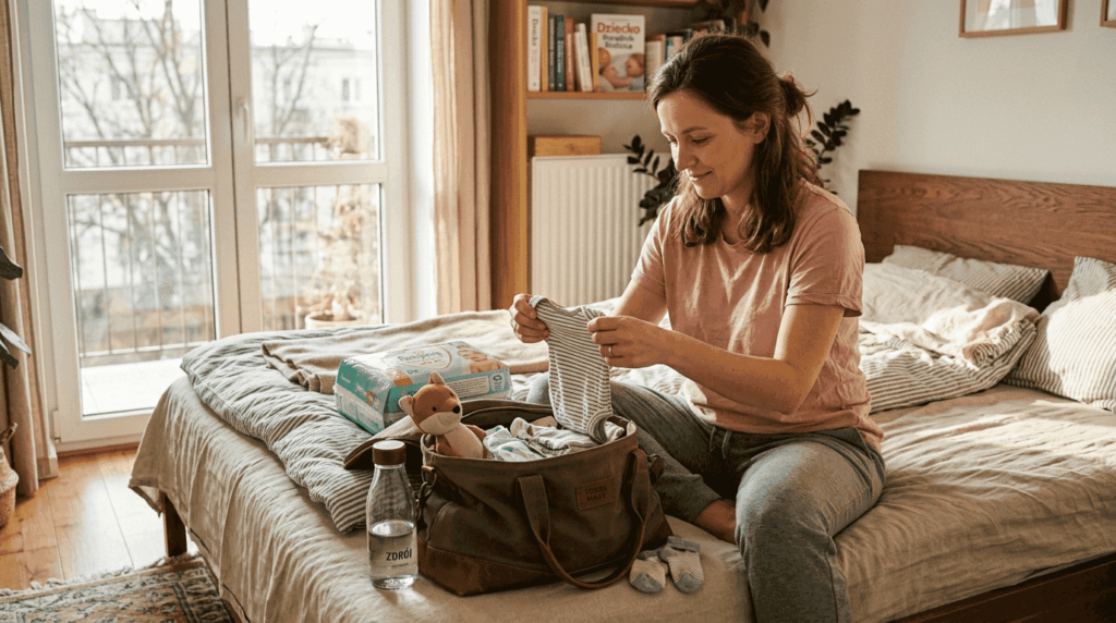 Młoda mama przygotowuje torbę do szpitala na czas porodu, dokładnie sprawdzając, czy wszystko, czego będzie potrzebować, jest spakowane.