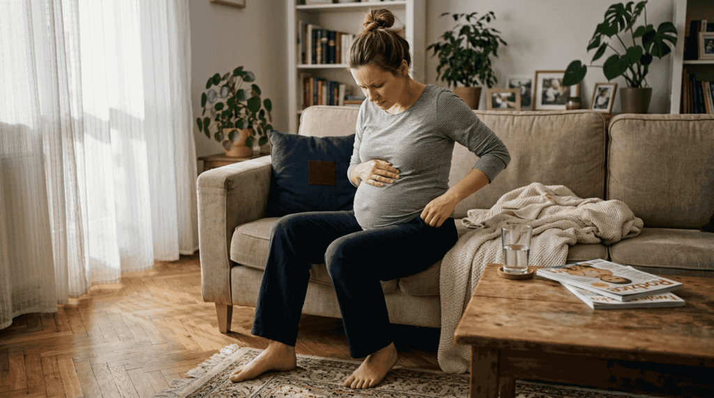 Kobieta w ciąży poprawia spodnie, żeby złagodzić ucisk na nerwy.