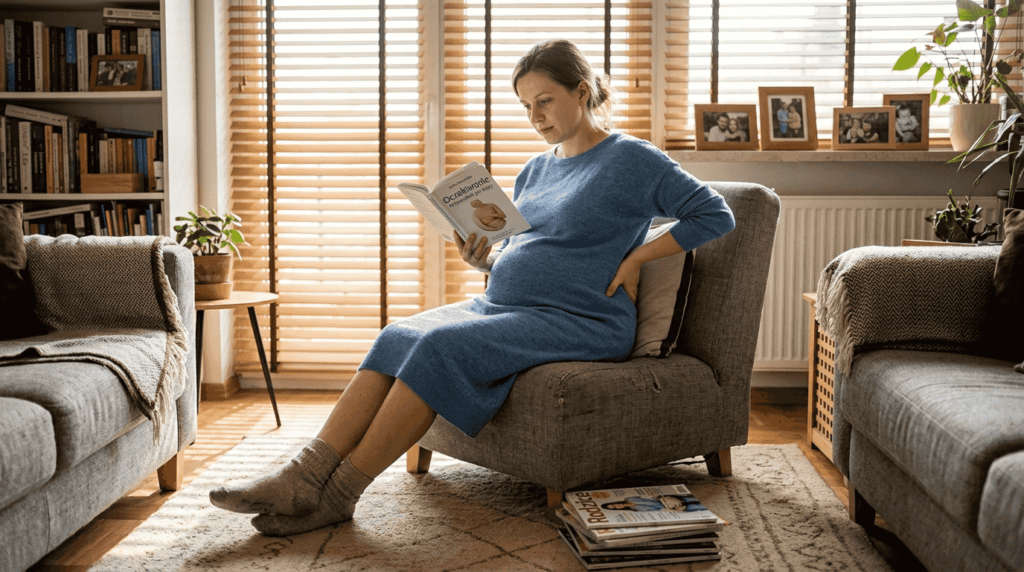 Kobieta w ciąży siedzi, sprawiając wrażenie zmęczonej i lekko zniecierpliwionej.