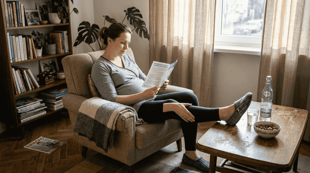 Kobieta w ciąży siedzi w salonie i masuje łydkę, by złagodzić napięcie w nodze.