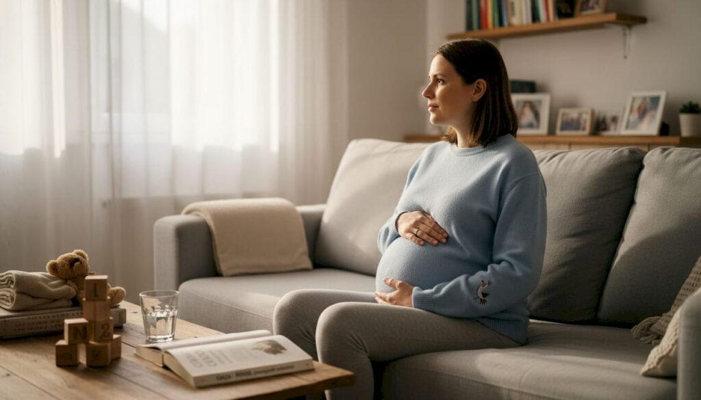 Kobieta w ciąży siedzi, oddychając płytko.