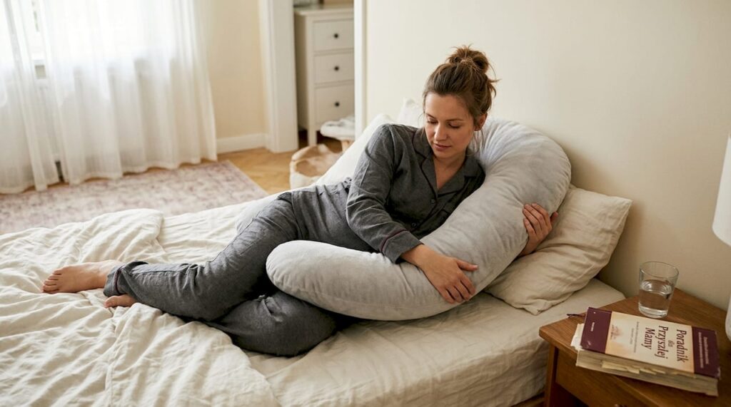 Kobieta w ciąży odpoczywa spokojnie, leżąc na boku.