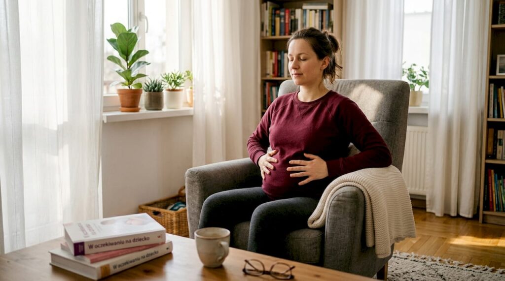 Kobieta w ciąży ćwiczy techniki oddechowe w swoim salonie.