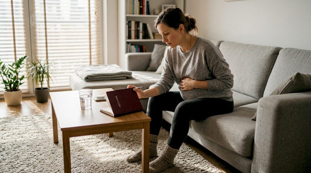 Ciężarna kobieta spokojnie siedzi w salonie.