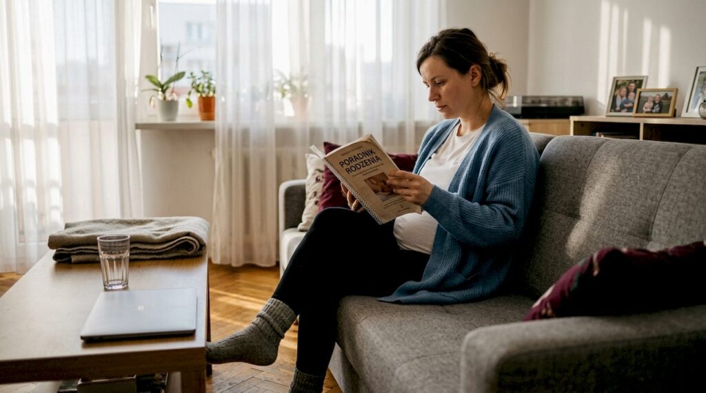 Kobieta w ciąży siedzi w domu i z zainteresowaniem czyta poradnik o porodzie.