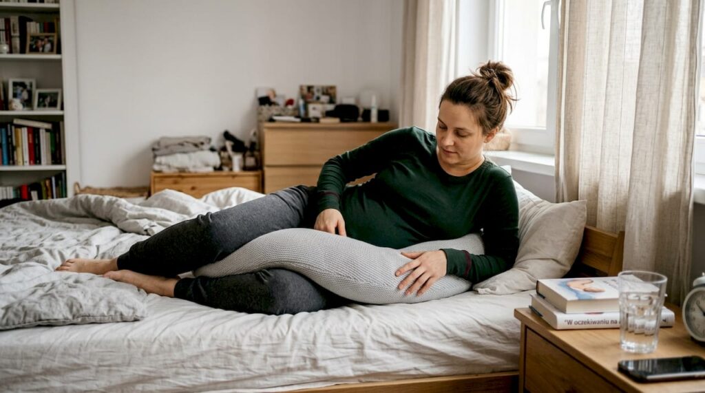 Kobieta w ciąży korzysta z poduszki, aby zapewnić sobie wygodny i spokojny sen.