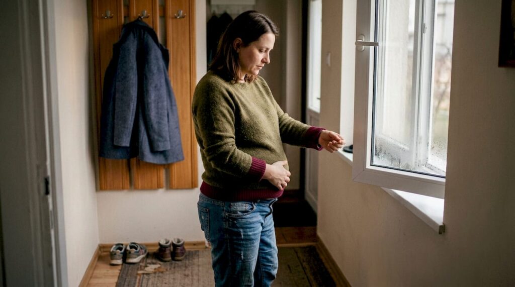 Przyszła mama spaceruje po korytarzu swojego domu.