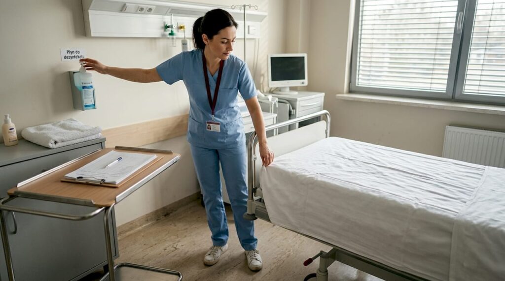 Położna przygotowuje salę porodową w szpitalu, dbając o komfort i bezpieczeństwo przyszłej mamy.