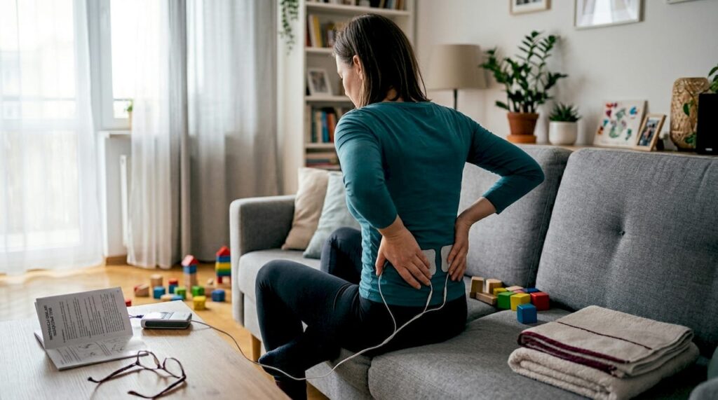 Kobieta samodzielnie zakłada elektrody TENS w domu