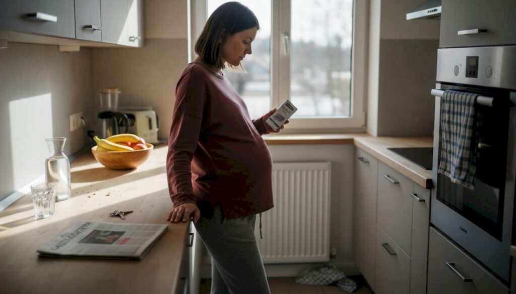 Kobieta w ciąży uważnie czyta instrukcję obsługi testu ciążowego w domu.