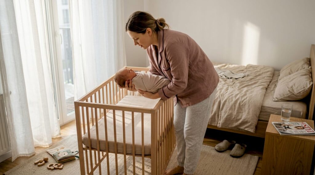 Mama z czułością podnosi noworodka z łóżeczka.