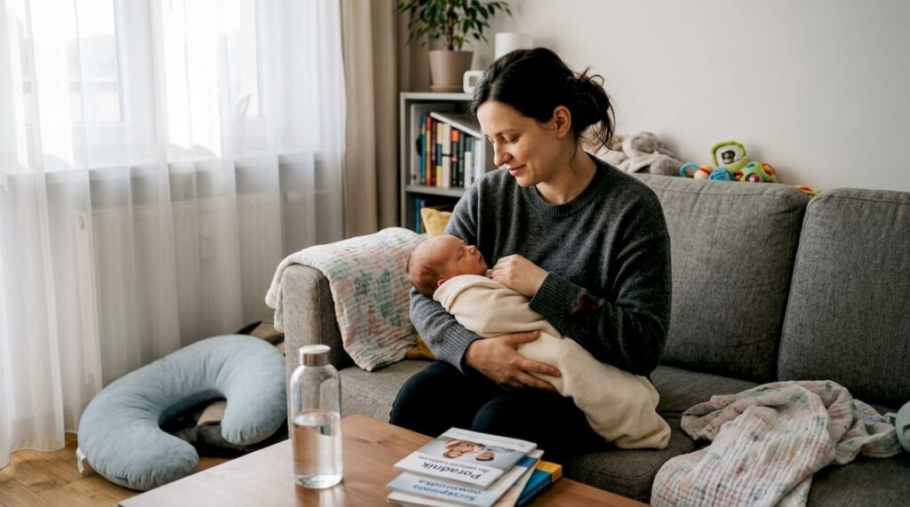 Mama tuli noworodka w salonie, otulając go czułością i spokojem domowego zacisza.