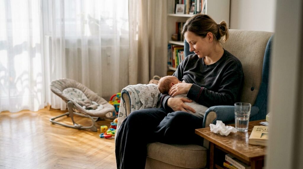 Mama karmi piersią noworodka, siedząc wygodnie w przytulnym salonie.