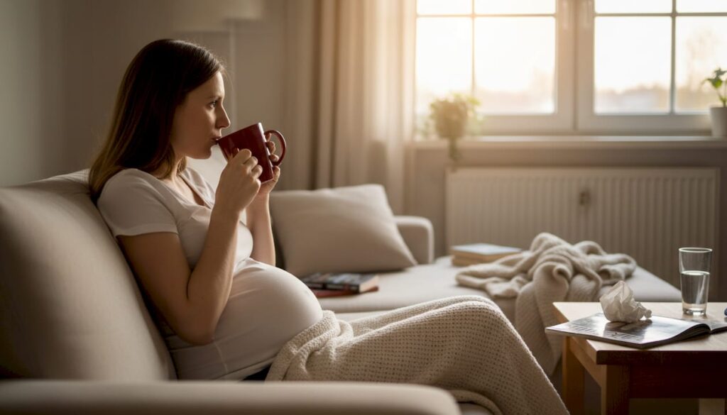 Przyszła mama relaksuje się na kanapie, delektując się filiżanką herbaty.