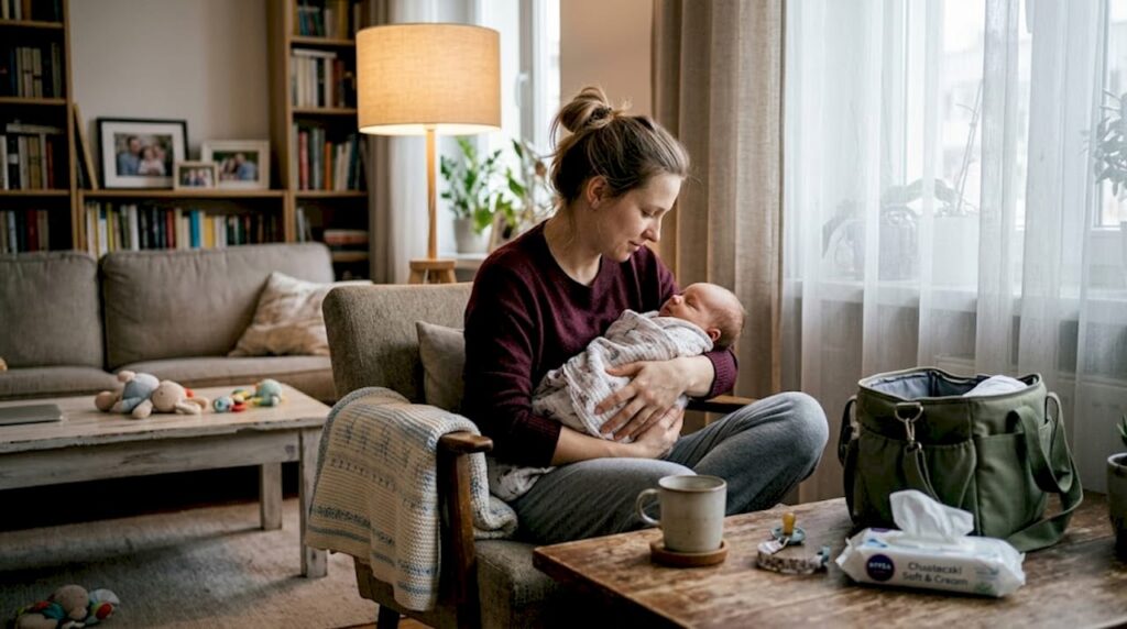 Mama tuli noworodka w zaciszu domowego salonu.