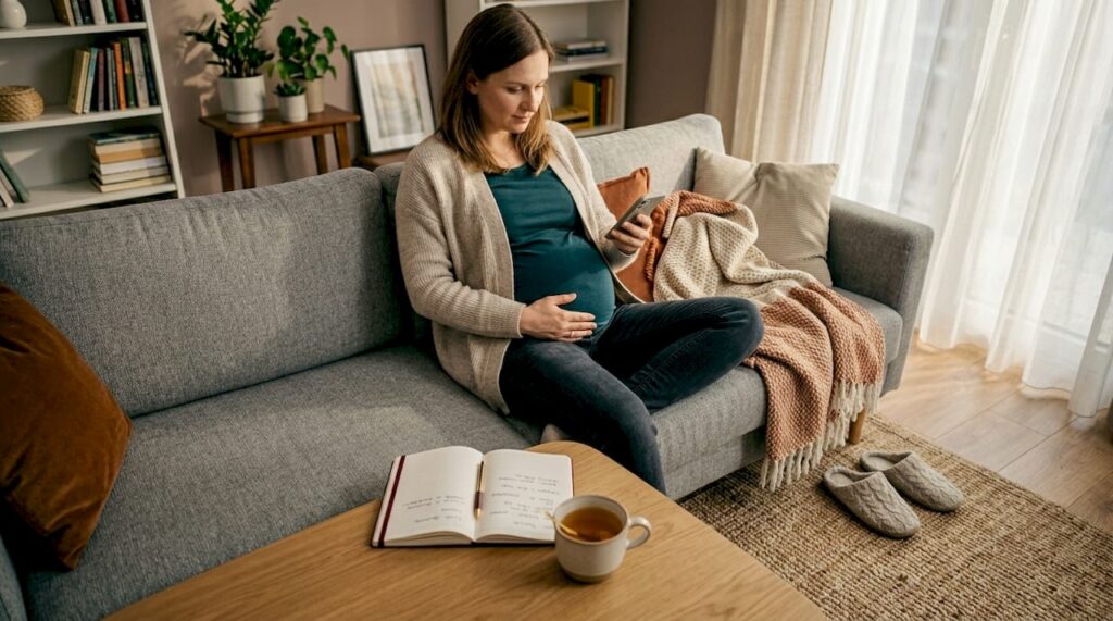 Przyszła mama odpoczywa w nasłonecznionym salonie