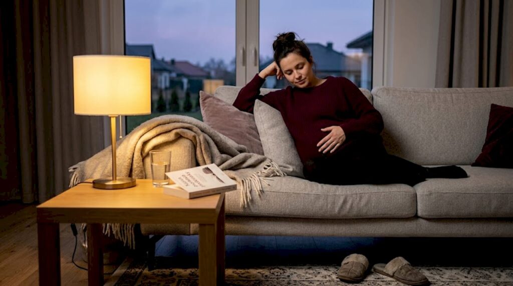 Wieczorem przyszła mama siedzi spokojnie, delikatnie opierając dłoń na swoim brzuchu.