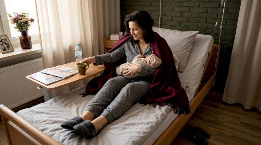 Mama z nowo narodzonym dzieckiem odpoczywają w spokojnej, szpitalnej sali.