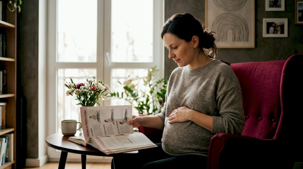 Przyszła mama relaksuje się z książką na wygodnej sofie w jasnym, przytulnym salonie.