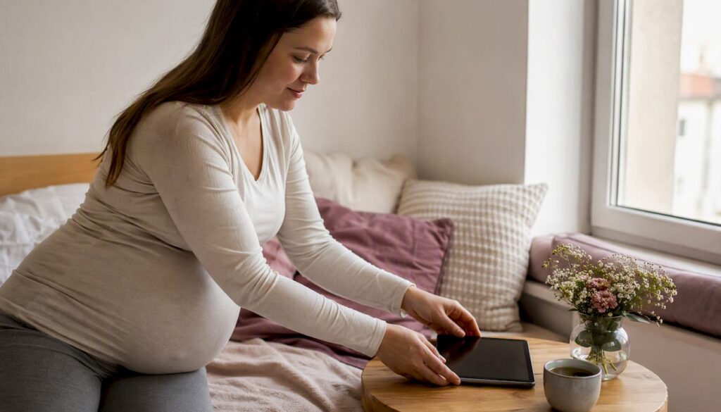 Kobieta w ciąży przygotowuje tablet, żeby wziąć udział w kursie dla przyszłych mam.